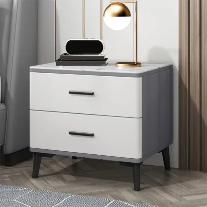 Modern White Stone Top Oak 2-Drawer Nightstand Image - 4