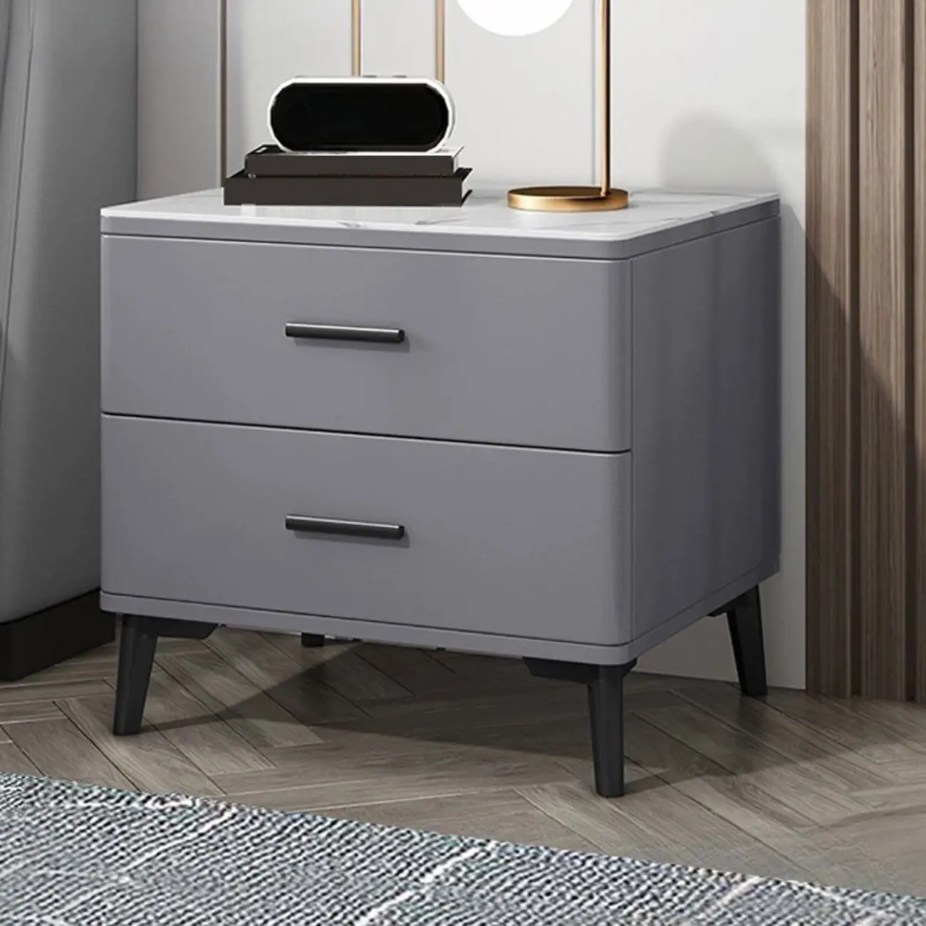 Modern White Stone Top Oak 2-Drawer Nightstand Image - 5 | homeyfad