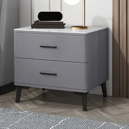 Modern White Stone Top Oak 2-Drawer Nightstand Image - 5