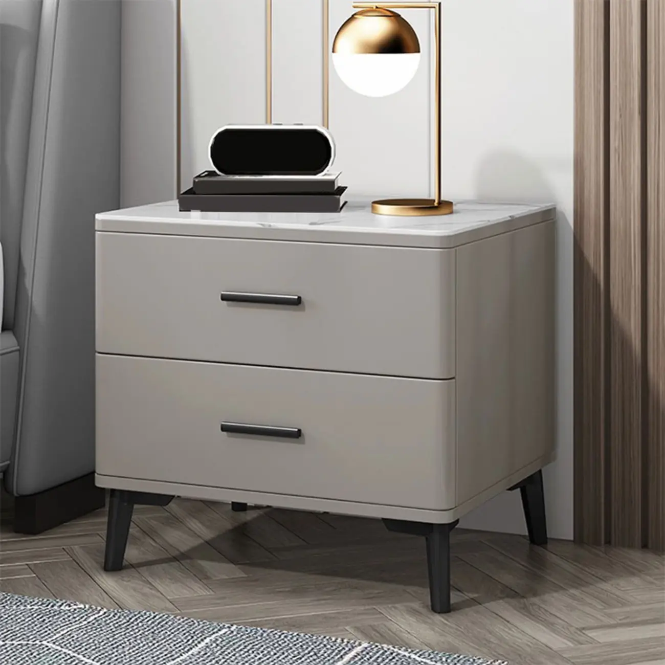 Modern White Stone Top Oak 2-Drawer Nightstand Image - 6 | homeyfad