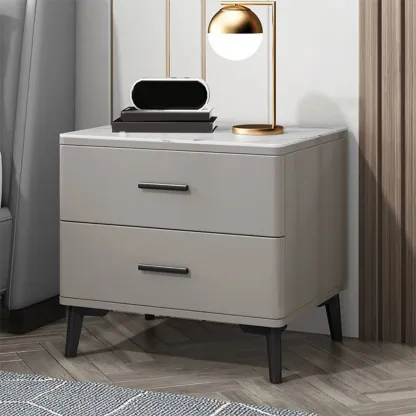 Modern White Stone Top Oak 2-Drawer Nightstand Image - 6
