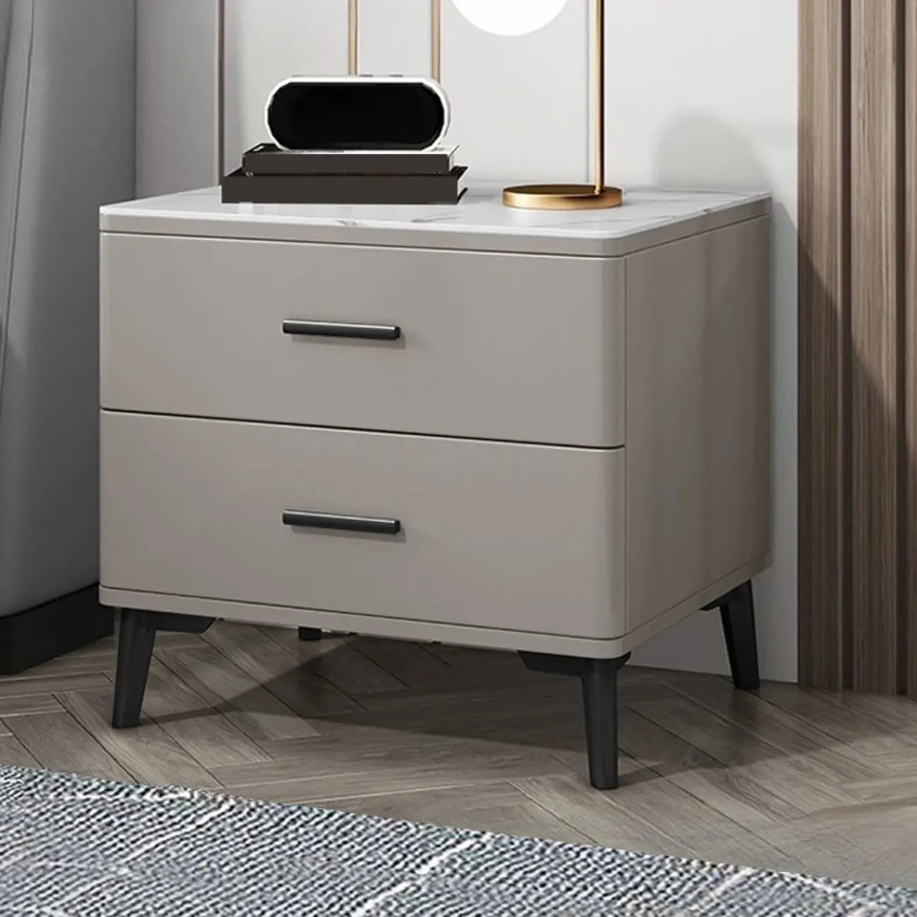 Modern White Stone Top Oak 2-Drawer Nightstand Image - 7 | homeyfad