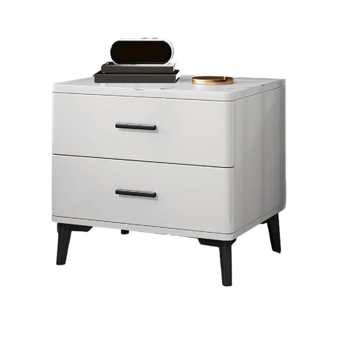 Modern White Stone Top Oak 2-Drawer Nightstand Image - 9 | homeyfad