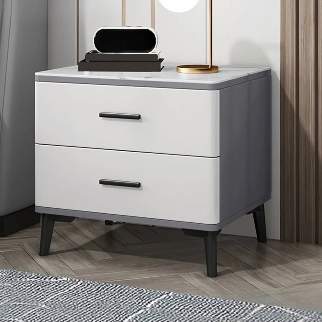 Modern White Stone Top Oak 2-Drawer Nightstand Image - 10 | homeyfad