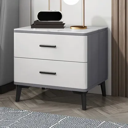 Modern White Stone Top Oak 2-Drawer Nightstand Image - 10