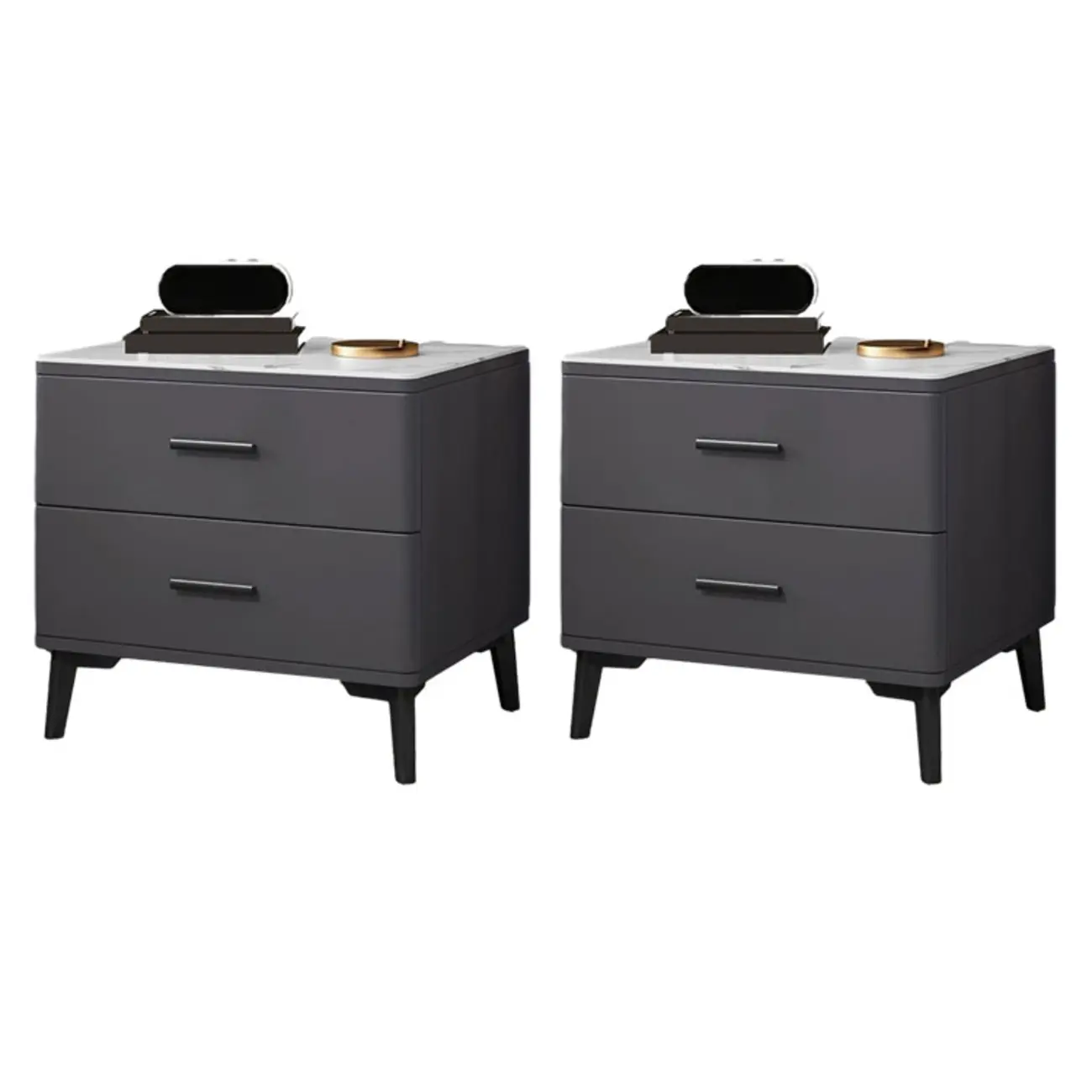 Modern White Stone Top Oak 2-Drawer Nightstand Image - 14 | homeyfad