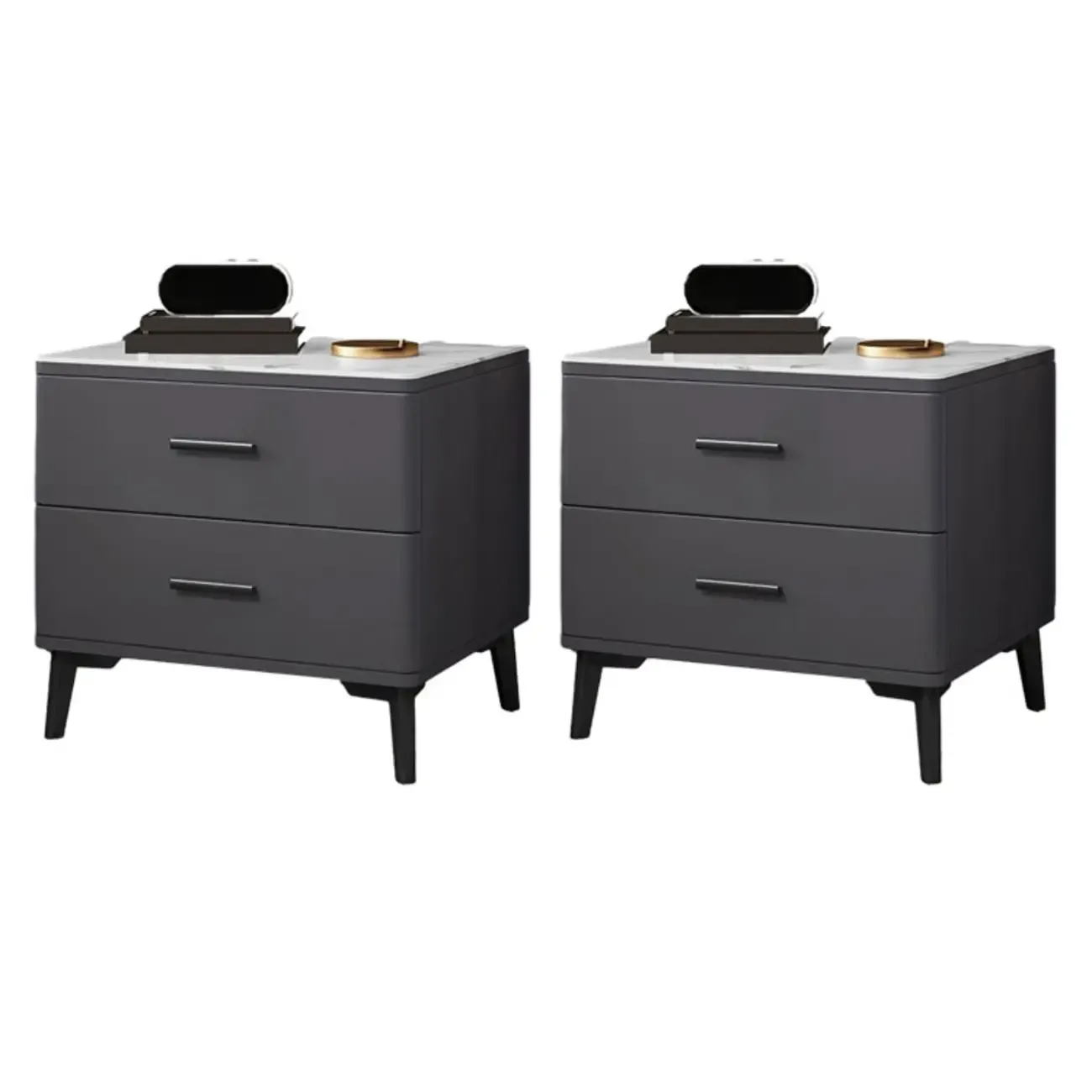 Modern White Stone Top Oak 2-Drawer Nightstand Image - 14