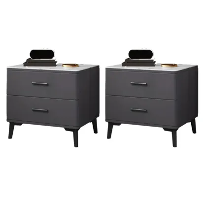 Modern White Stone Top Oak 2-Drawer Nightstand Image - 14