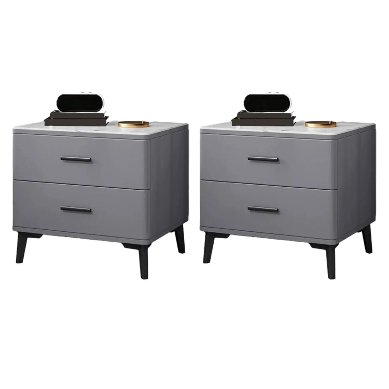 Modern White Stone Top Oak 2-Drawer Nightstand Image - 15 | homeyfad