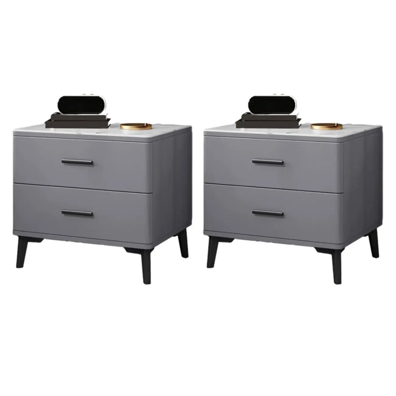 Modern White Stone Top Oak 2-Drawer Nightstand Image - 15