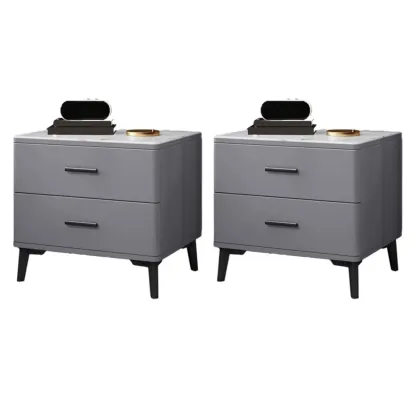 Modern White Stone Top Oak 2-Drawer Nightstand Image - 15