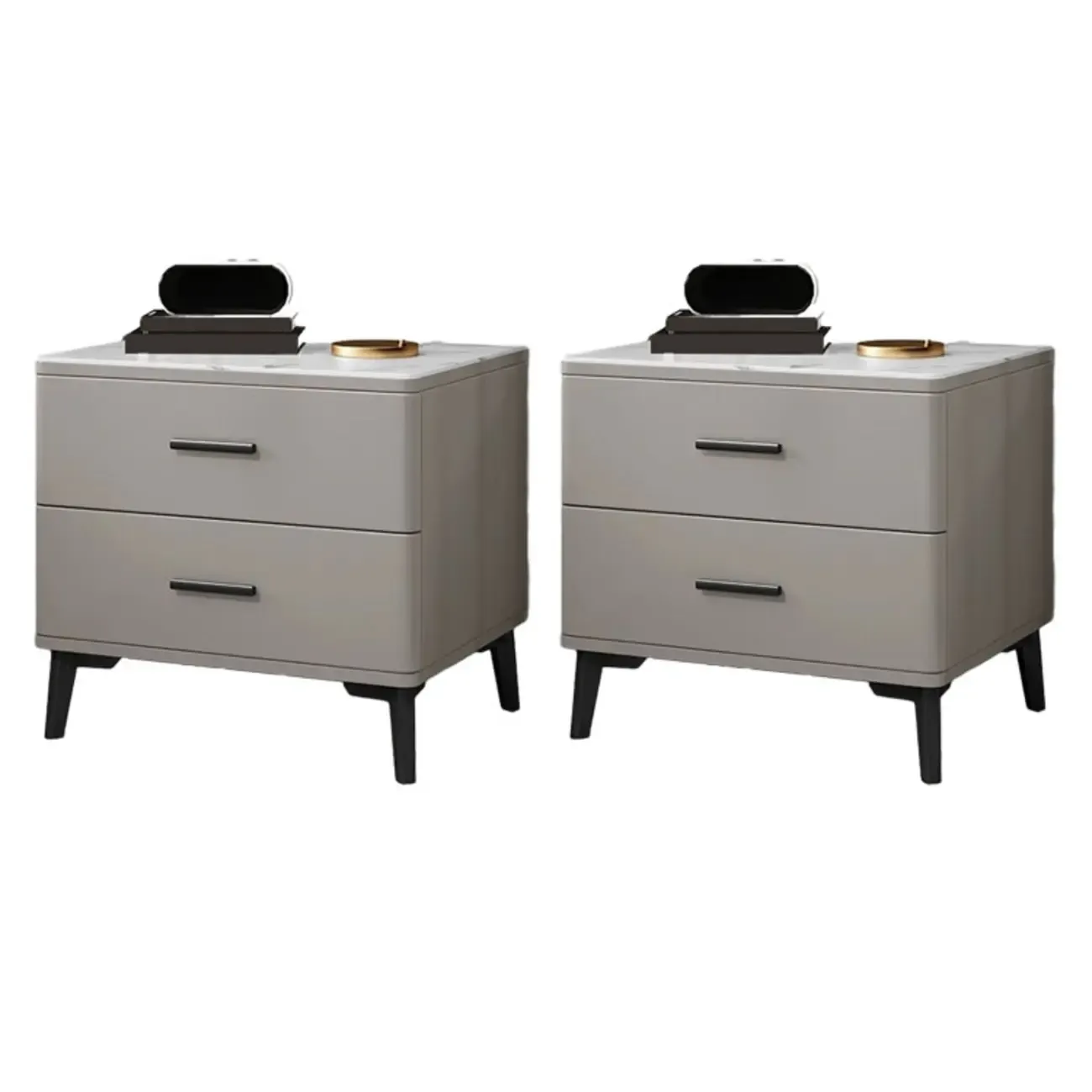 Modern White Stone Top Oak 2-Drawer Nightstand Image - 16