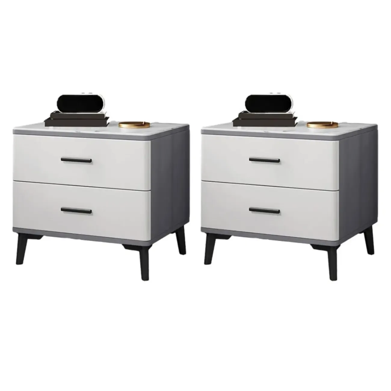 Modern White Stone Top Oak 2-Drawer Nightstand Image - 18
