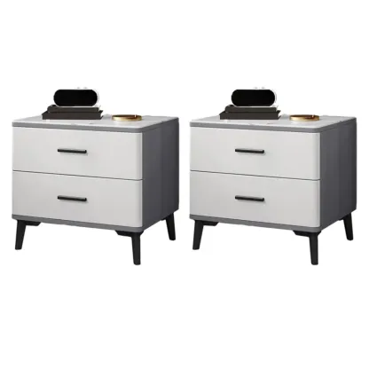 Modern White Stone Top Oak 2-Drawer Nightstand Image - 18