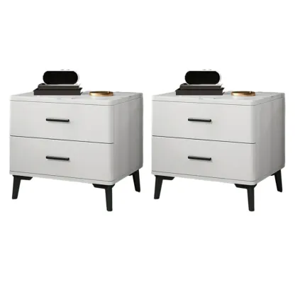 Modern White Stone Top Oak 2-Drawer Nightstand Image - 19