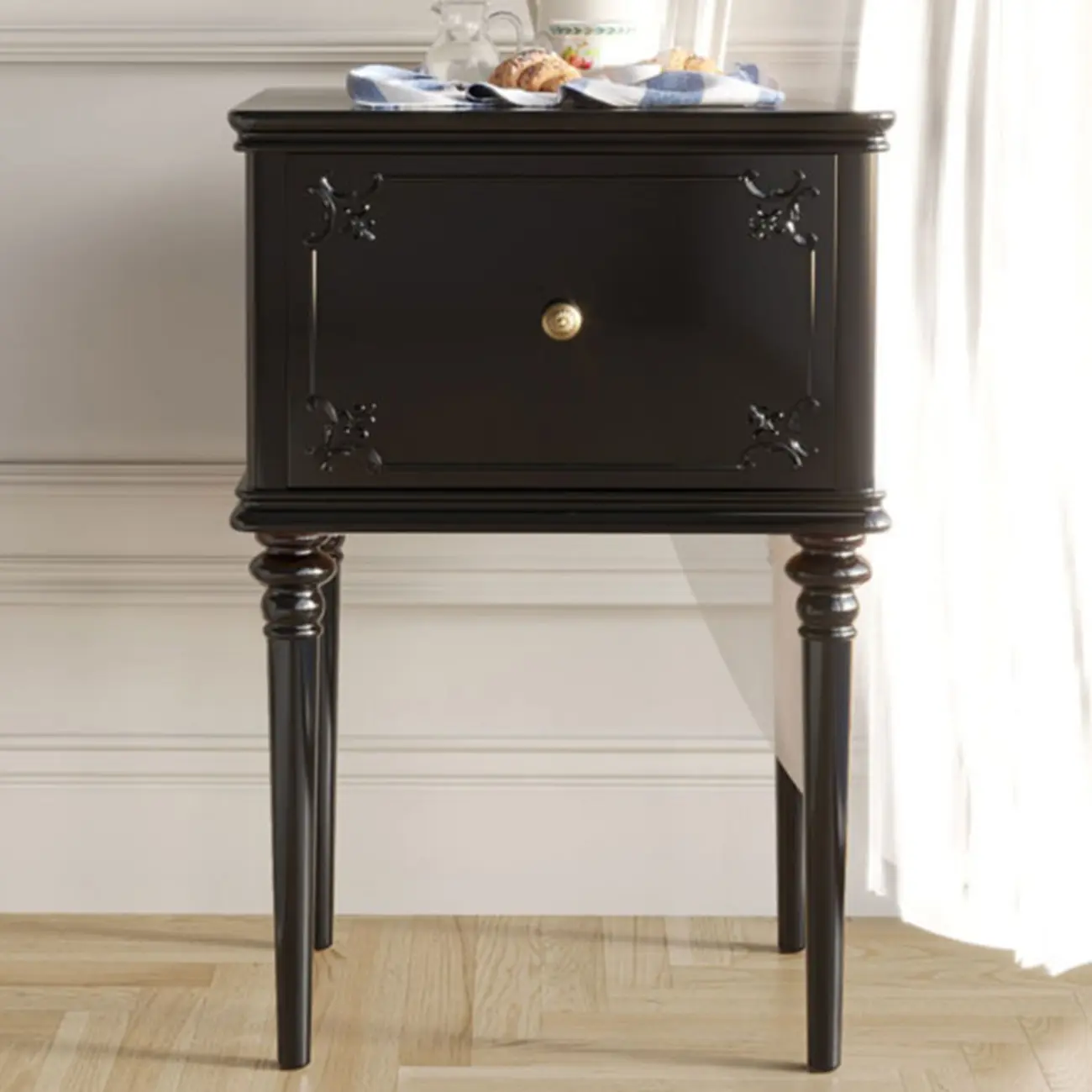 Traditional Black Wooden Carved Leggy Nightstand with Drawer Image - 1 | homeyfad