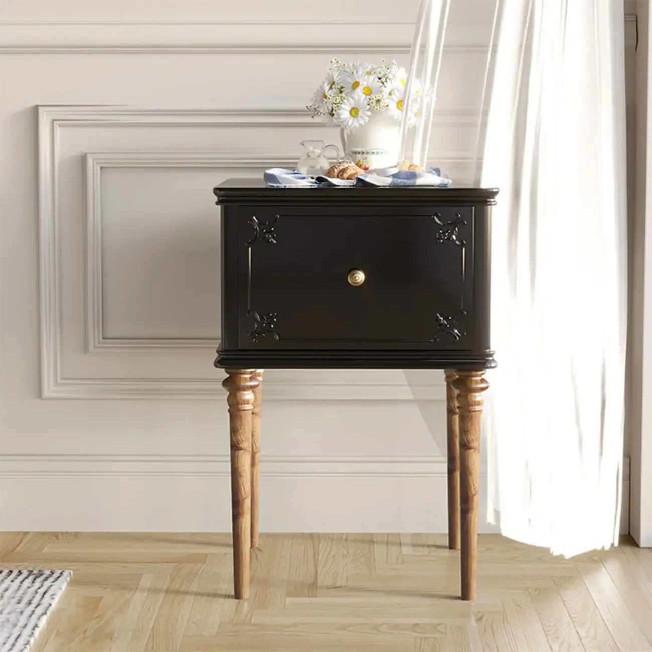 Traditional Black Wooden Carved Leggy Nightstand with Drawer Image - 4
