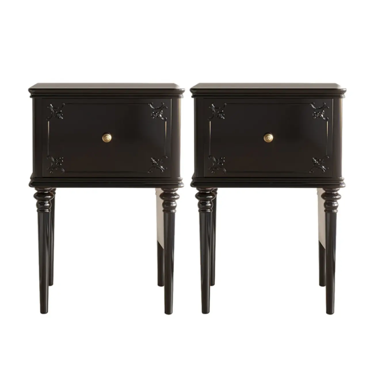Traditional Black Wooden Carved Leggy Nightstand with Drawer Image - 8 | homeyfad
