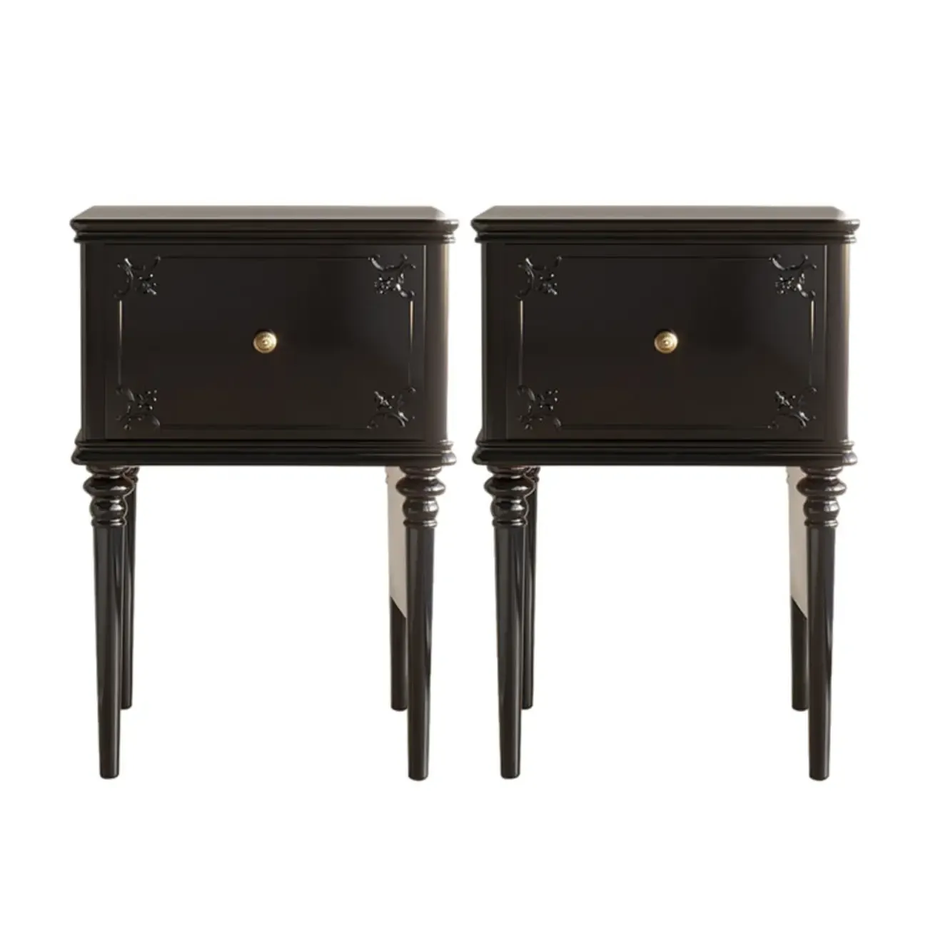 Traditional Black Wooden Carved Leggy Nightstand with Drawer Image - 8