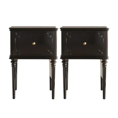 Traditional Black Wooden Carved Leggy Nightstand with Drawer Image - 8