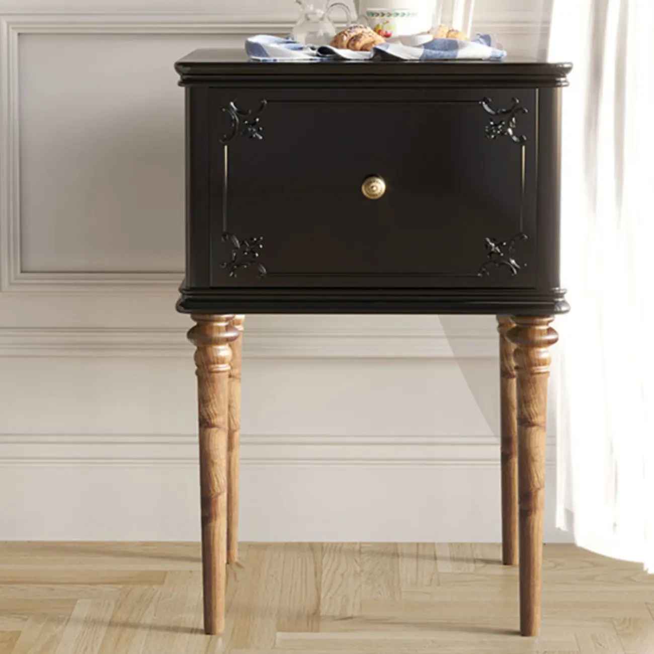 Traditional Black Wooden Carved Leggy Nightstand with Drawer Image - 2 | homeyfad