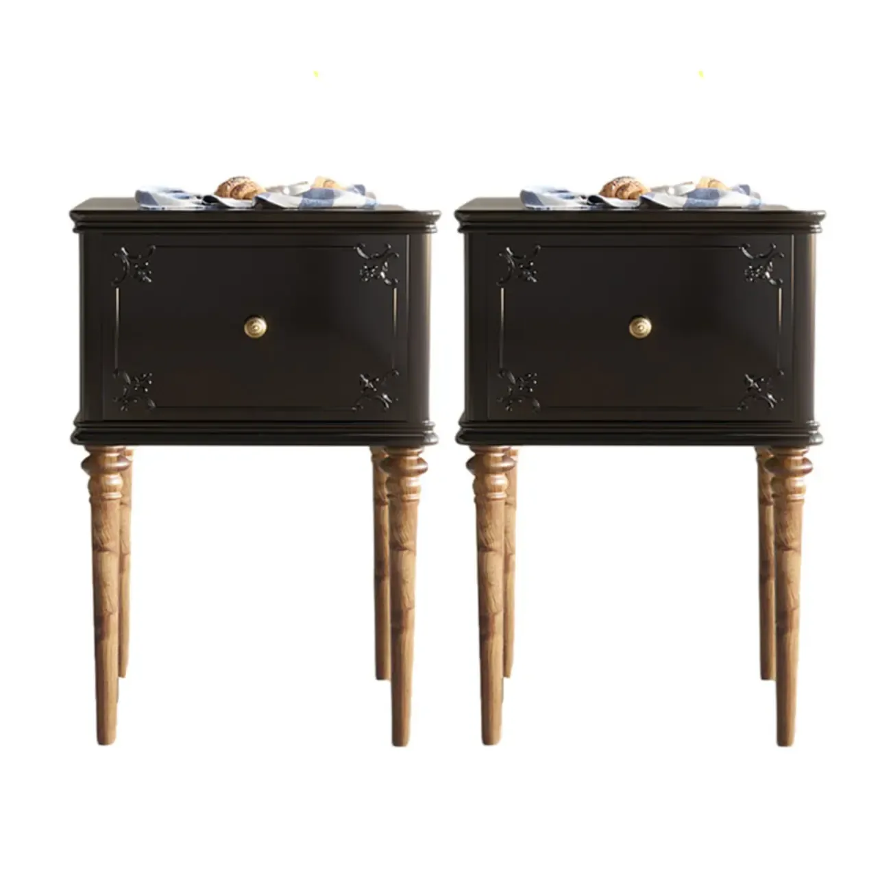 Traditional Black Wooden Carved Leggy Nightstand with Drawer Image - 9