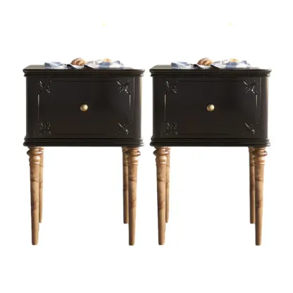 Traditional Black Wooden Carved Leggy Nightstand with Drawer Image - 9