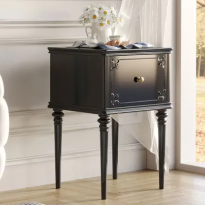 Traditional Black Wooden Carved Leggy Nightstand with Drawer Image - 3