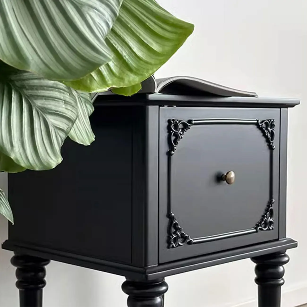 Traditional Black Wooden Carved Leggy Nightstand with Drawer Image - 5 | homeyfad