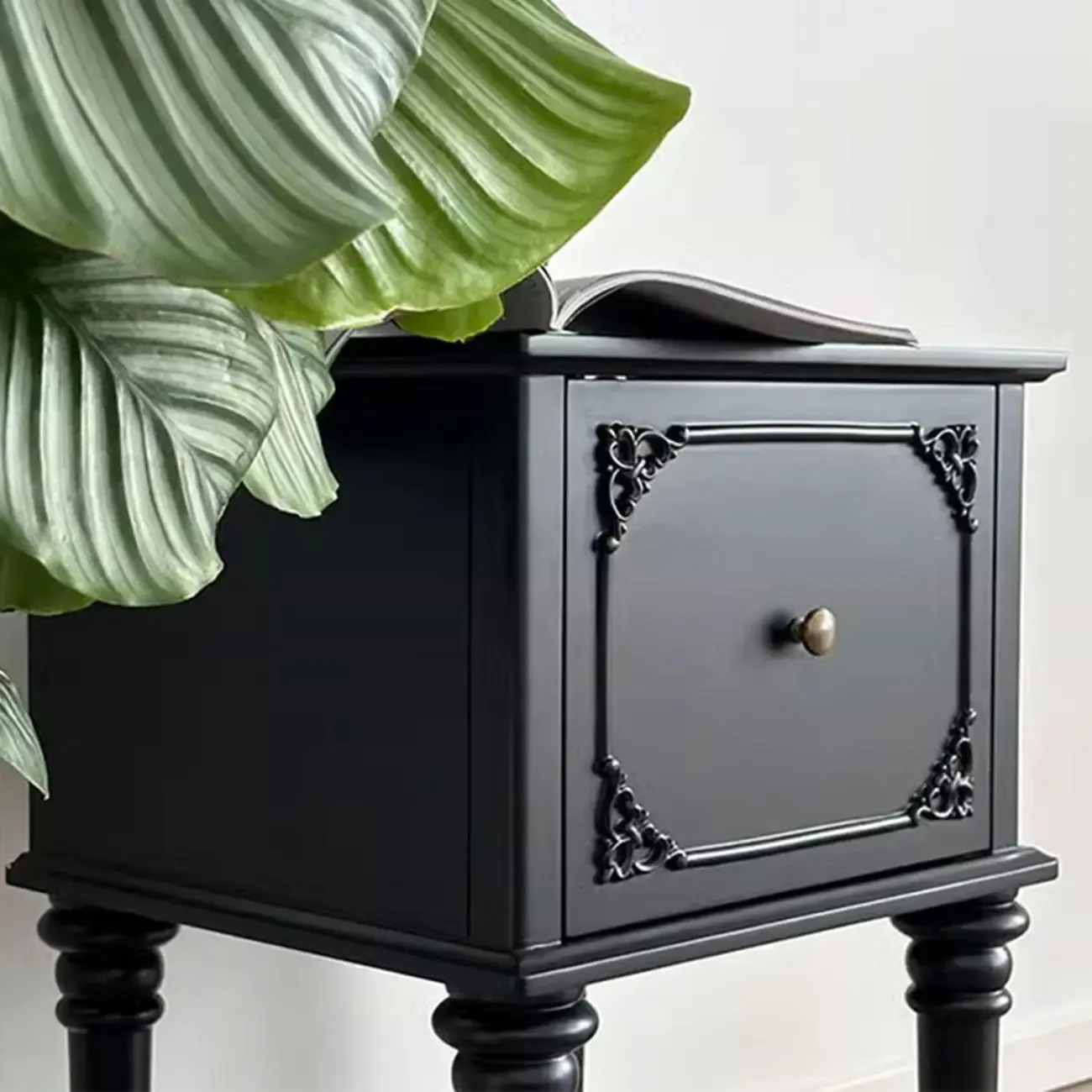 Traditional Black Wooden Carved Leggy Nightstand with Drawer Image - 5