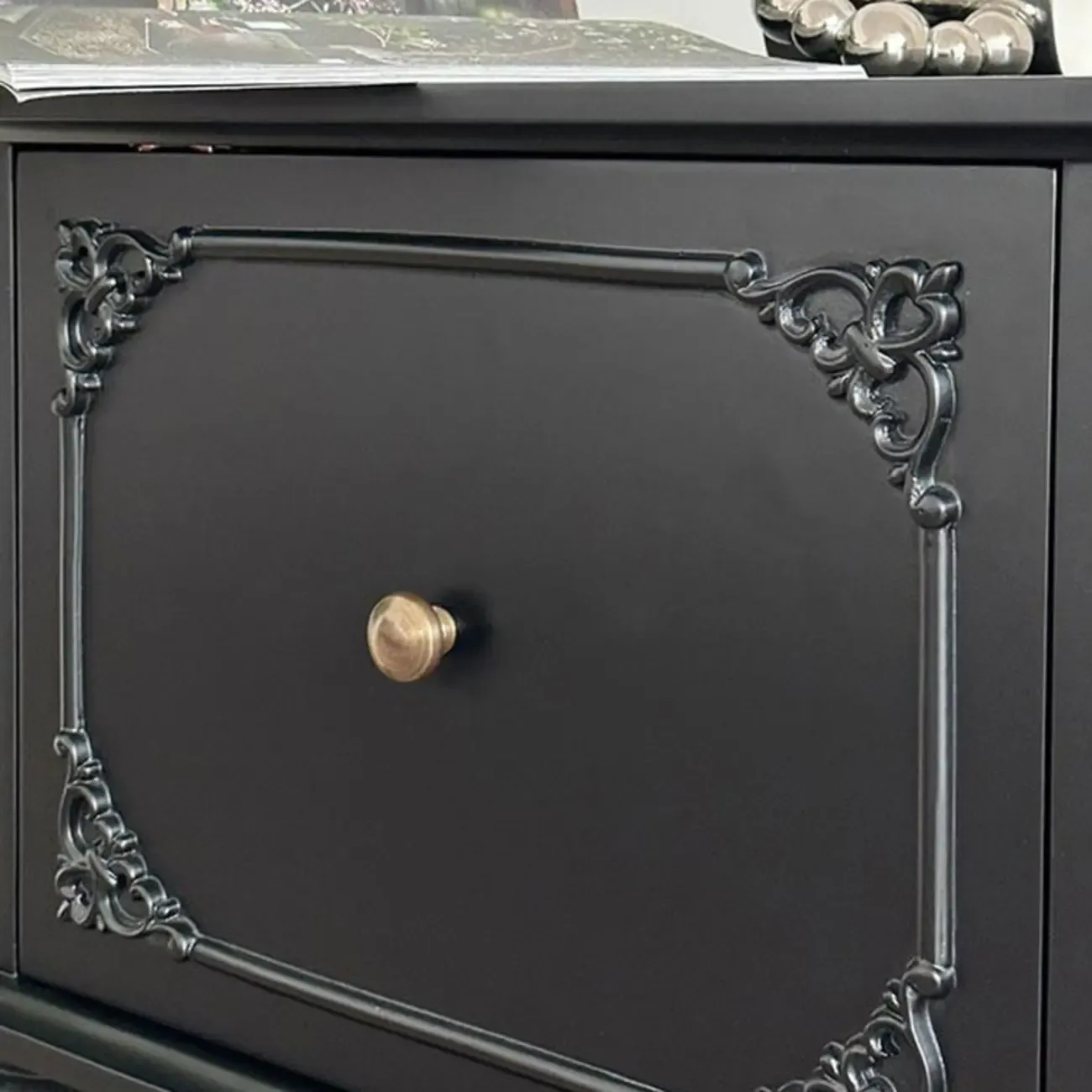 Traditional Black Wooden Carved Leggy Nightstand with Drawer Image - 6