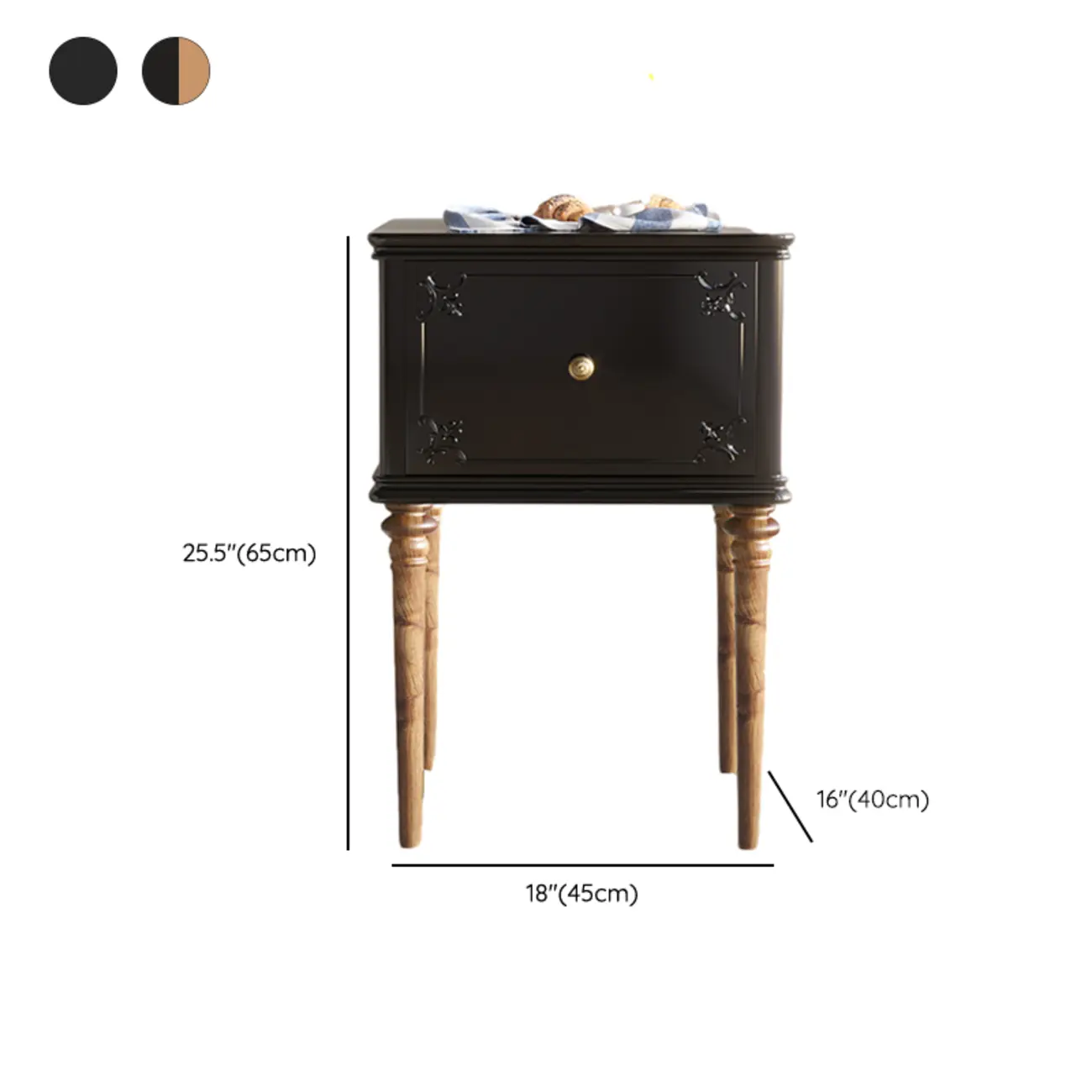 Traditional Black Wooden Carved Leggy Nightstand with Drawer #size