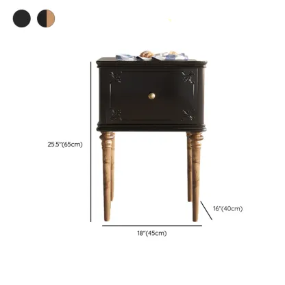 Traditional Black Wooden Carved Leggy Nightstand with Drawer #size