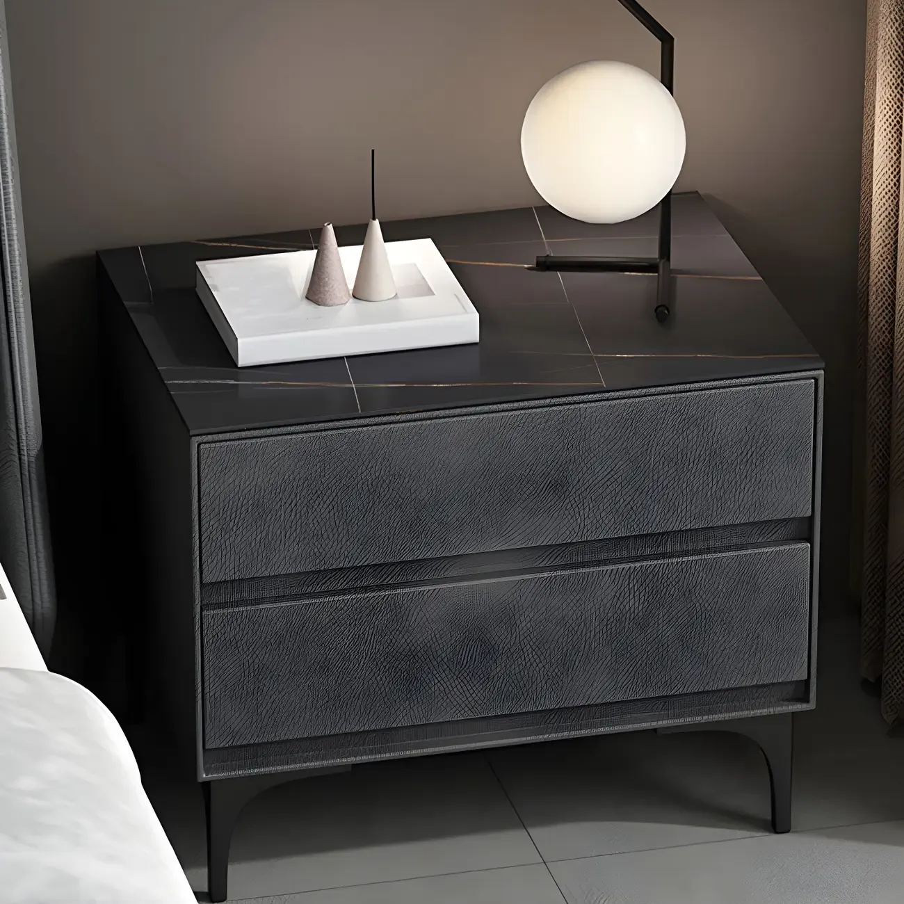 Modern Stone Top Faux Leather 2-Drawer Nightstand Image - 1
