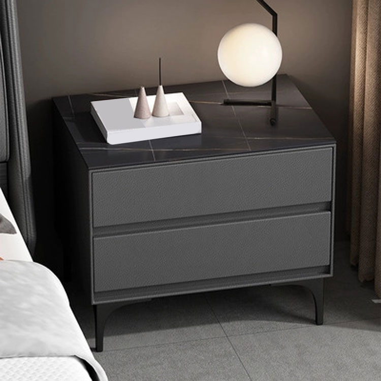 Modern Stone Top Faux Leather 2-Drawer Nightstand | homeyfad