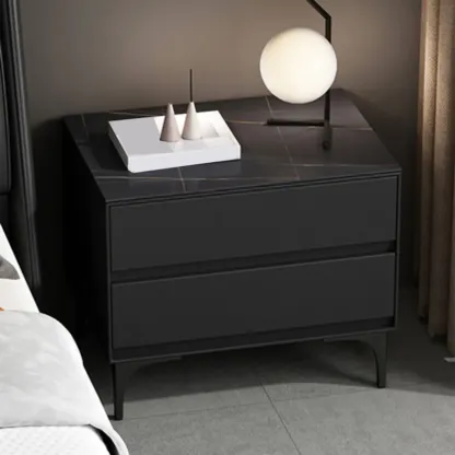 Modern Stone Top Faux Leather 2-Drawer Nightstand Image - 5