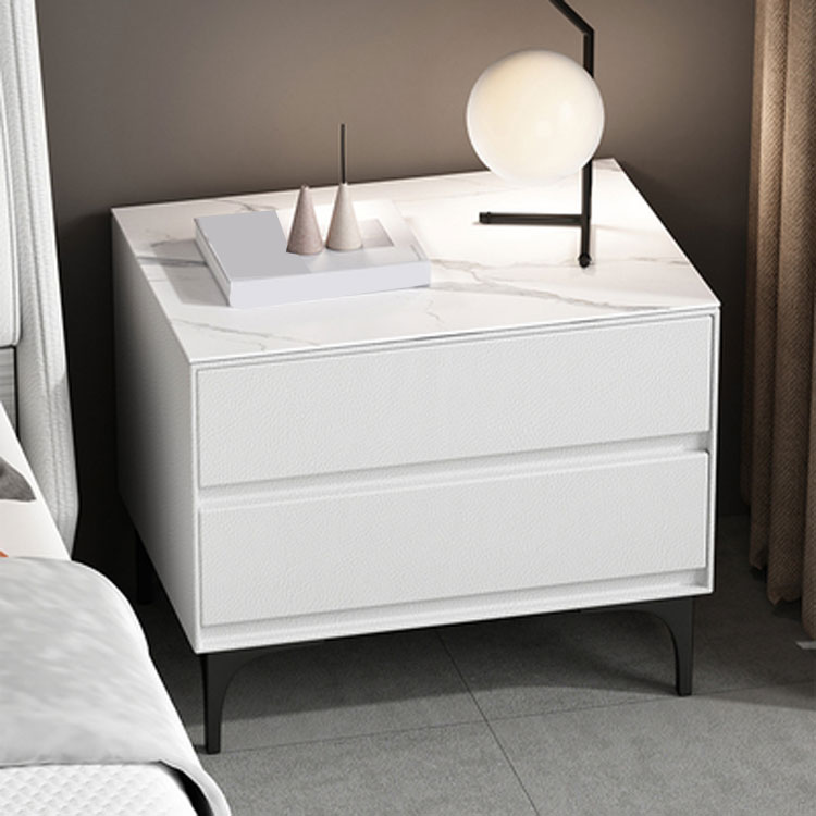 Modern Stone Top Faux Leather 2-Drawer Nightstand | homeyfad
