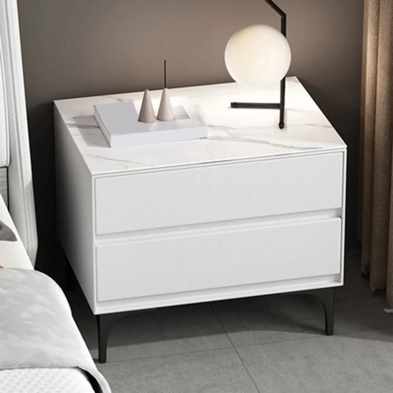 Modern Stone Top Faux Leather 2-Drawer Nightstand Image - 7 | homeyfad