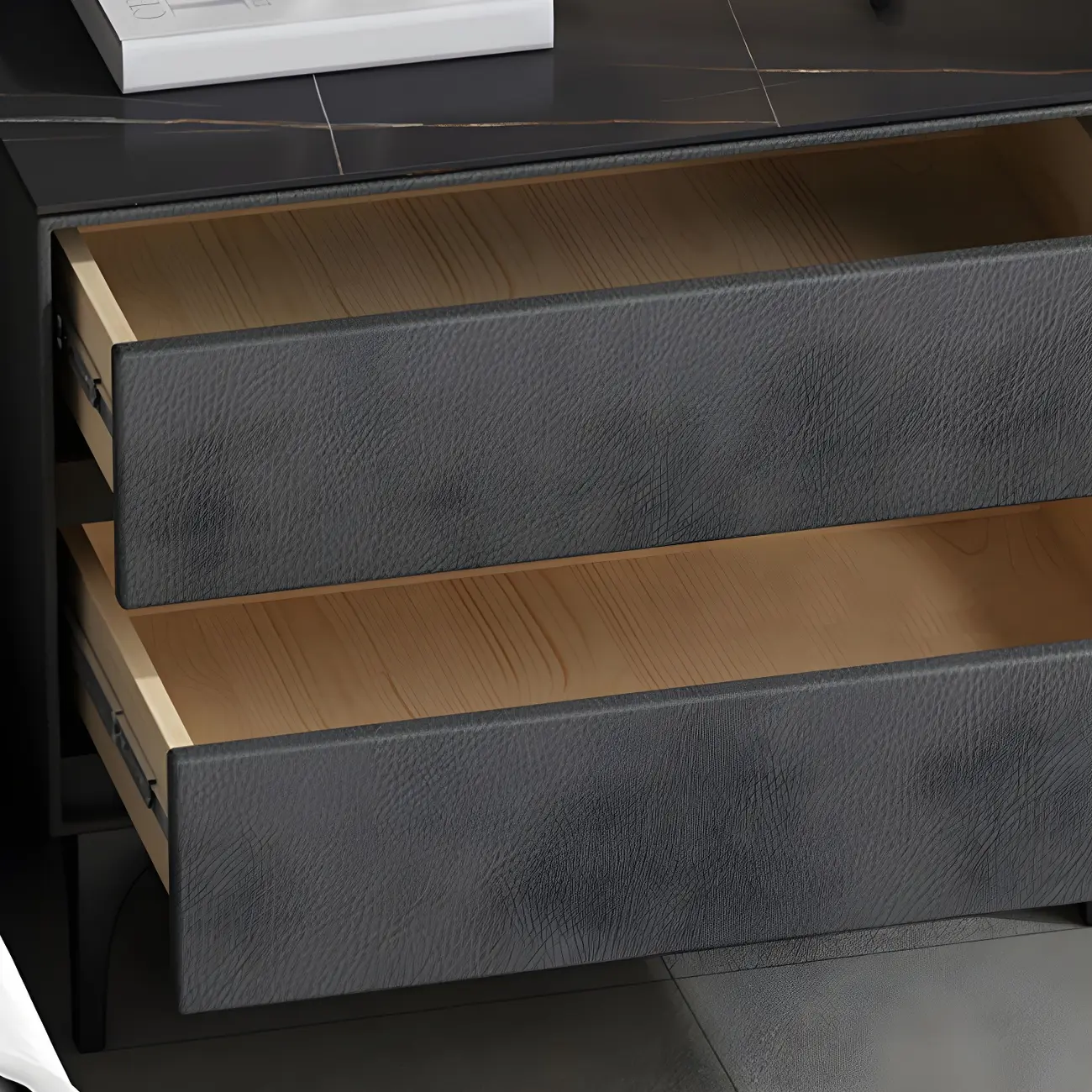 Modern Stone Top Faux Leather 2-Drawer Nightstand Image - 8 | homeyfad