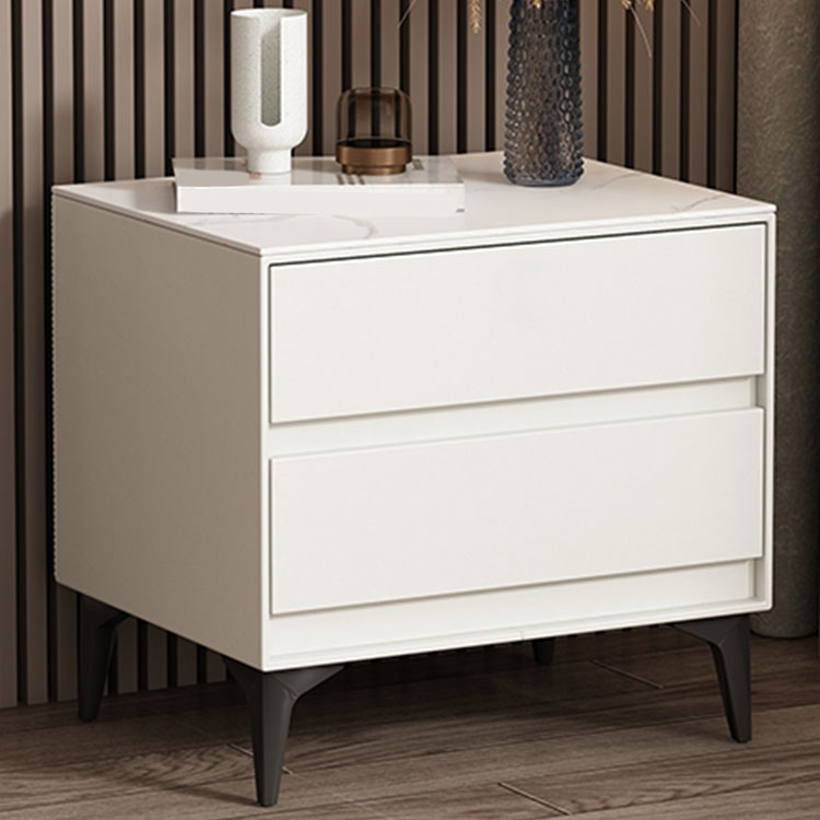 Modern Stone Top Faux Leather 2-Drawer Nightstand | homeyfad