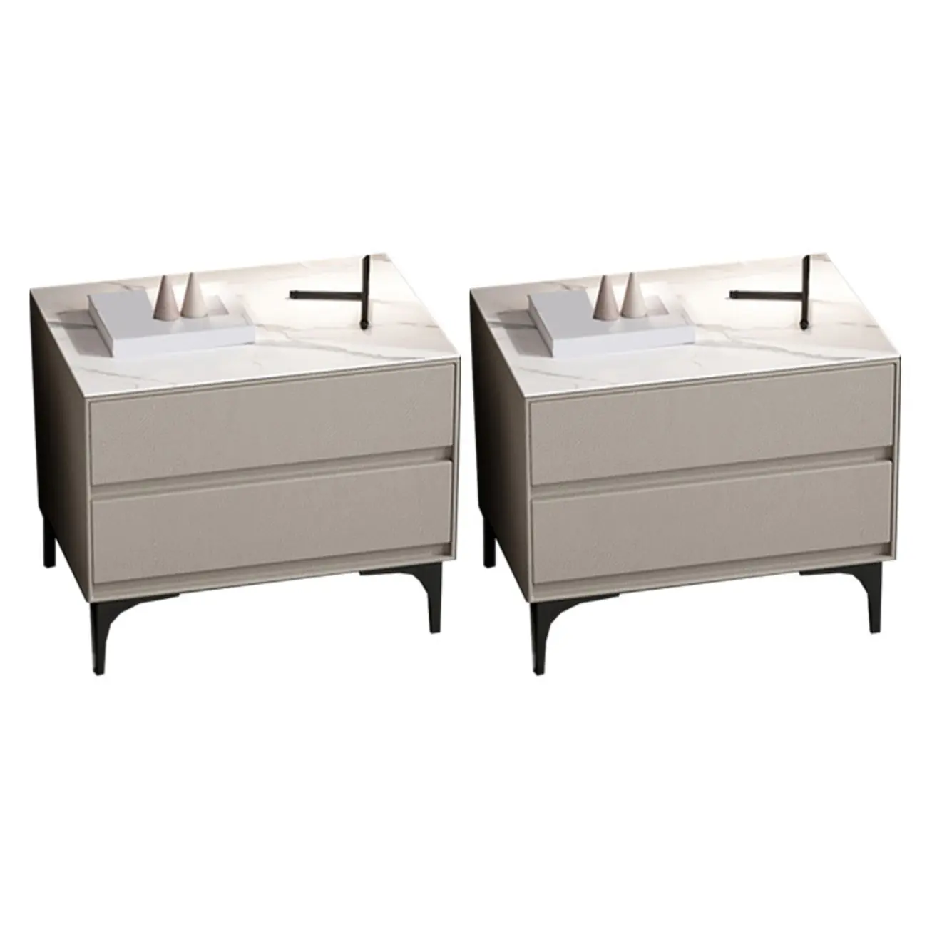 Modern Stone Top Faux Leather 2-Drawer Nightstand Image - 14 | homeyfad