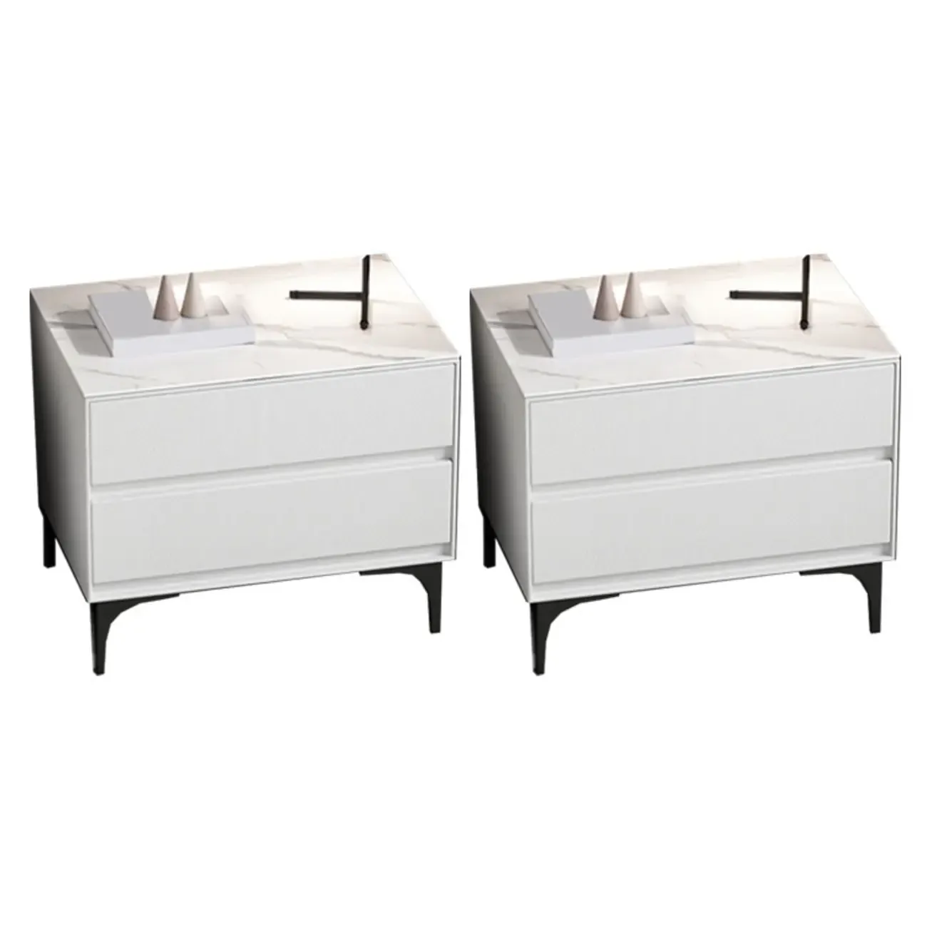 Modern Stone Top Faux Leather 2-Drawer Nightstand Image - 17