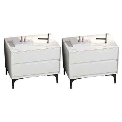 Modern Stone Top Faux Leather 2-Drawer Nightstand Image - 17