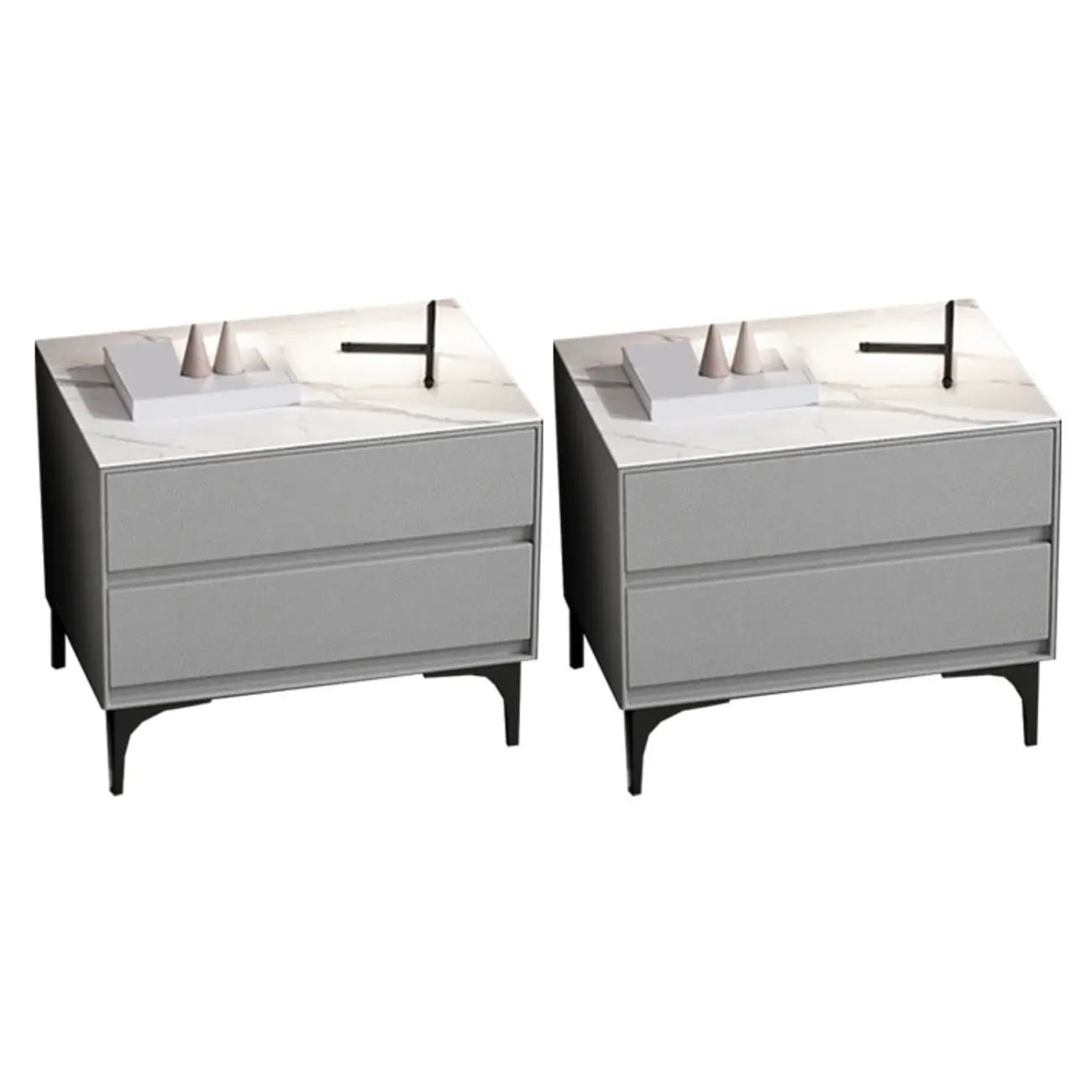 Modern Stone Top Faux Leather 2-Drawer Nightstand Image - 18 | homeyfad