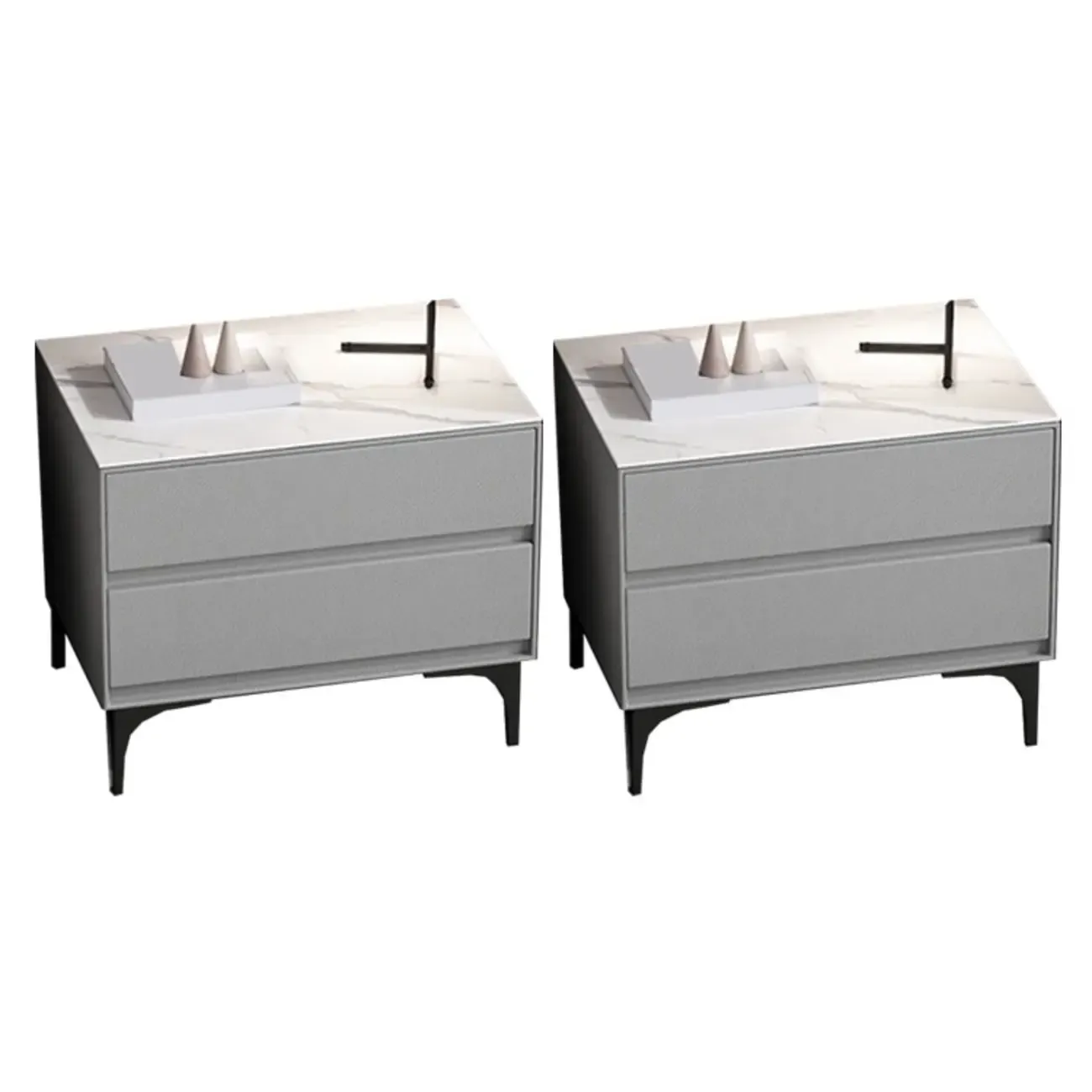 Modern Stone Top Faux Leather 2-Drawer Nightstand Image - 18