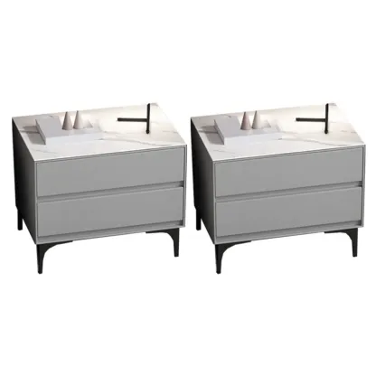 Modern Stone Top Faux Leather 2-Drawer Nightstand Image - 18