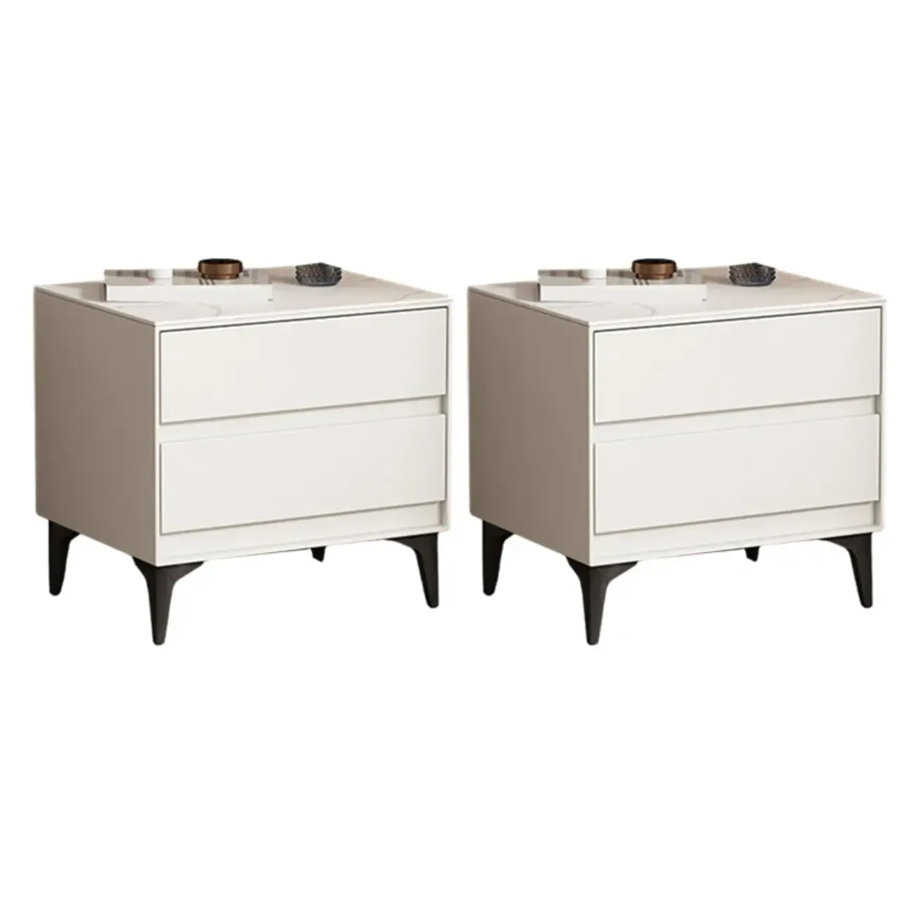 Modern Stone Top Faux Leather 2-Drawer Nightstand Image - 19