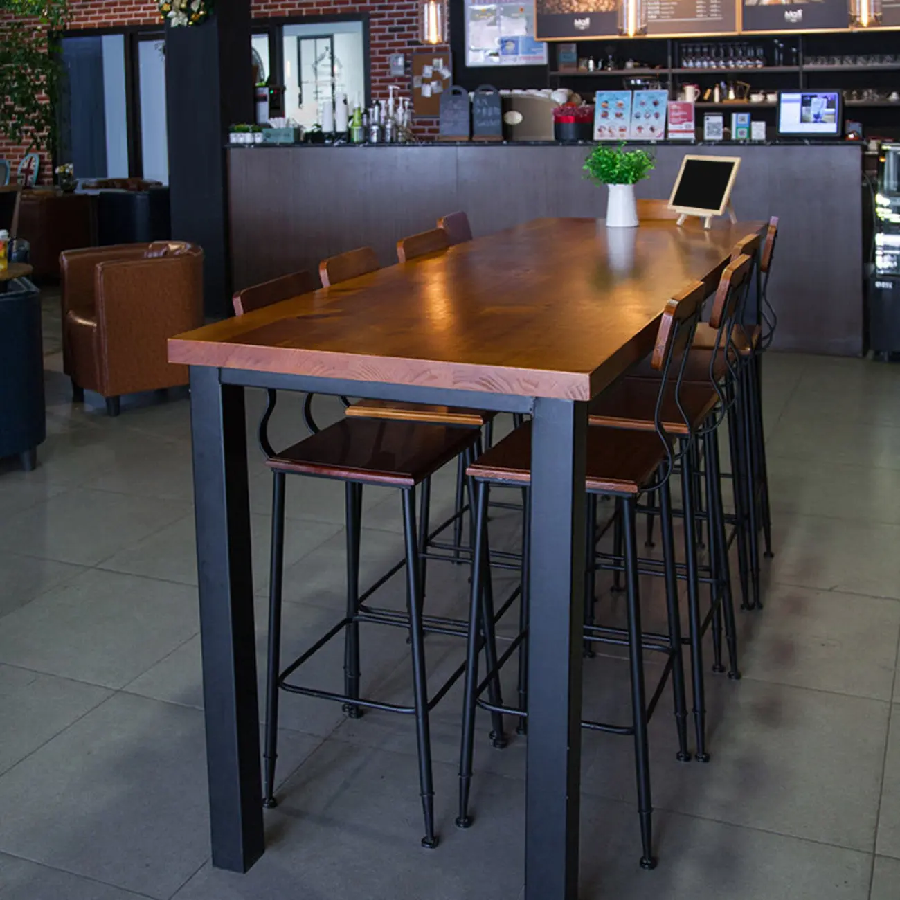 Industrial Brown Wood Black Iron 4-Leg Rectangular Bar Tables Image - 2 | homeyfad