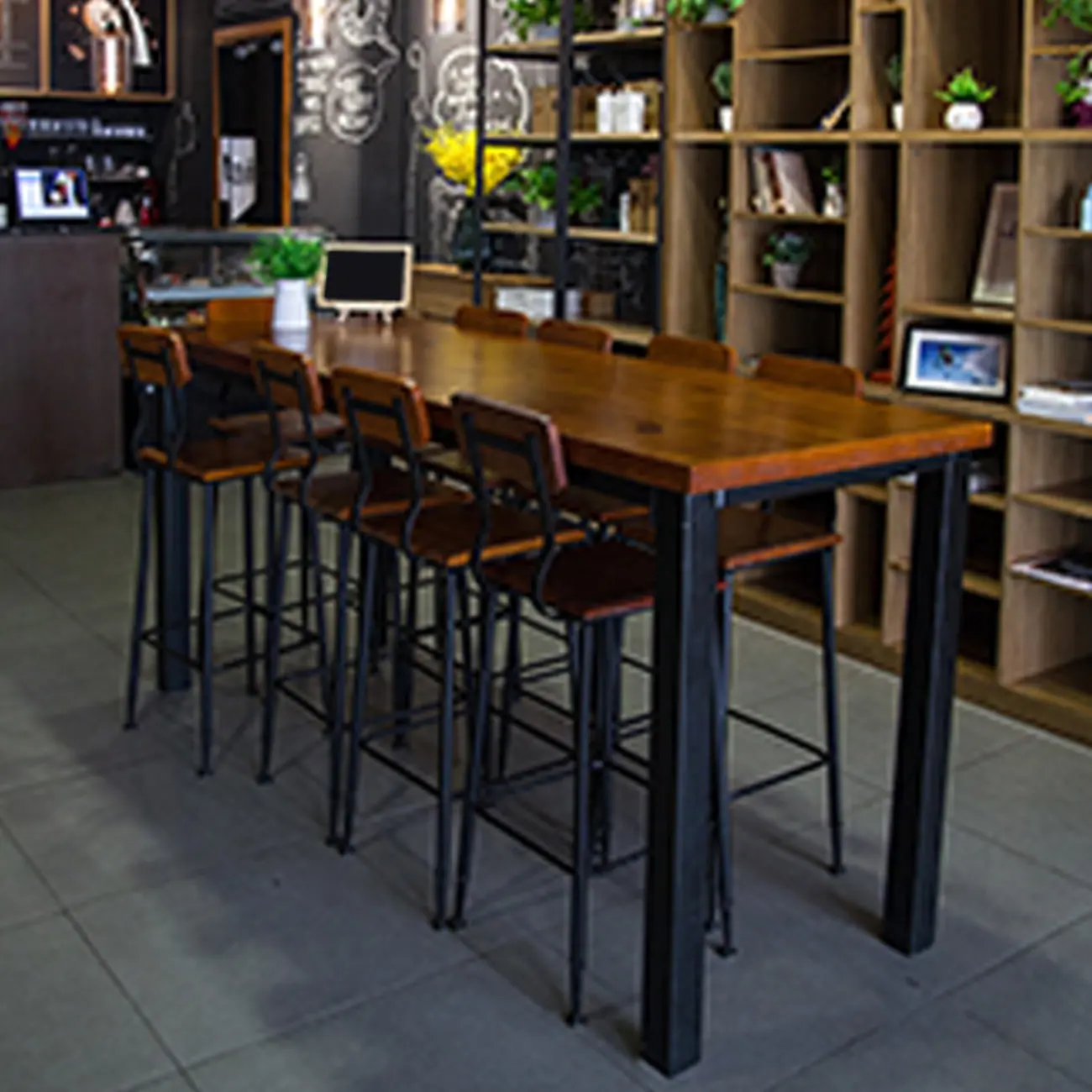 Industrial Brown Wood Black Iron 4-Leg Rectangular Bar Tables Image - 3 | homeyfad