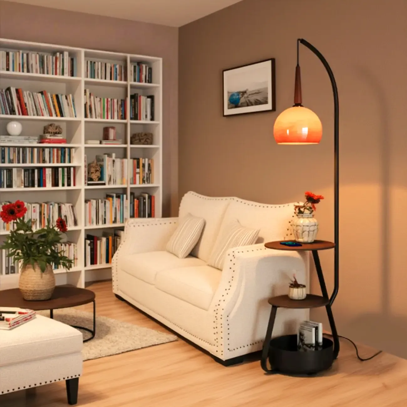 Elegant Orange Arc Floor Lamp with Shelves for Living Room Image - 1